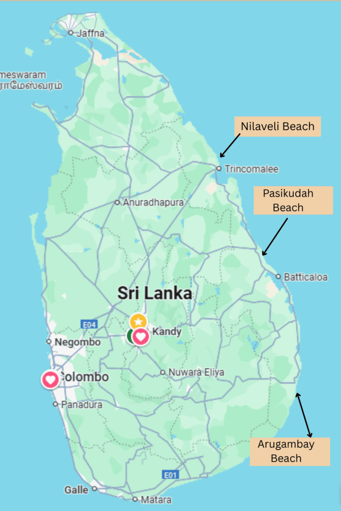 Sri Lanka East Coast Map with Popular Beaches